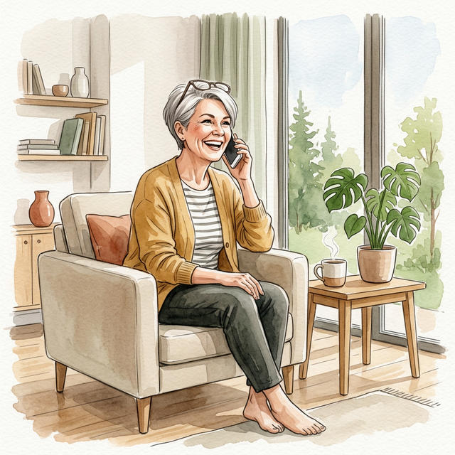 Hymyilevä nainen istuu nojatuolissa ja puhuu puhelimessa, luonnonvaloa, kodikas suomalainen kotiympäristö